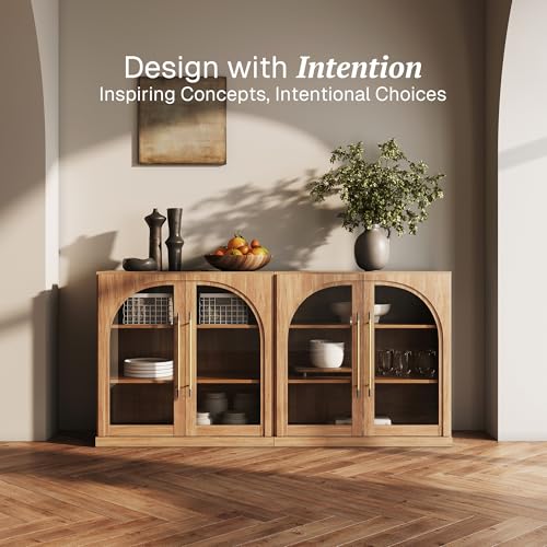 Image of BELLEZE Set of 2 Modular Sideboard with Arched Glass Door, 65'' Accent Display Buffet Cabinet with Storage and Adjustable Shelves,Classic Modern Credenza for Living Room Kitchen Entryway (Camel)