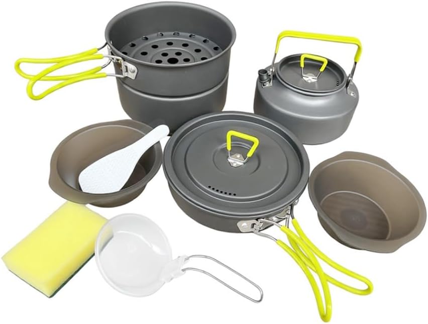 Camping Cookware Set Steaming, Portable Backpacking Gear with Hard Anodized Aluminum Pot, Pan, Kettle, Bowls & Utensils, Lightweight Outdoor Cooking Kit, Ideal for Hiking, Picnic & Camping