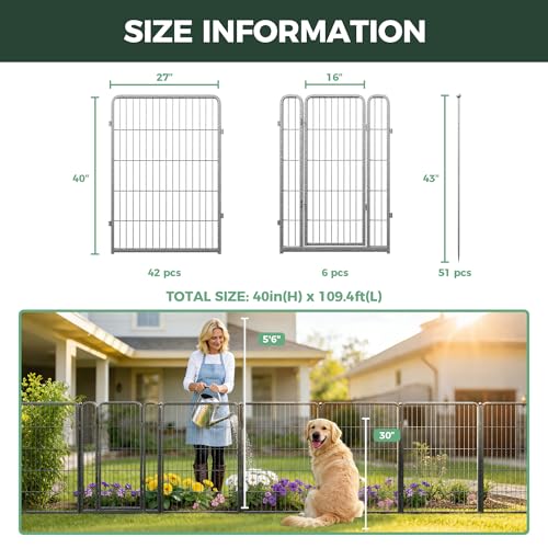 Image of FXW Garden Fence Outdoor for the Yard - 40in(H) x 109.4ft(L) Heavy Duty Metal Animal Barrier for Dog, No Dig Decorative Dog Fence, 48 Panels, Silver