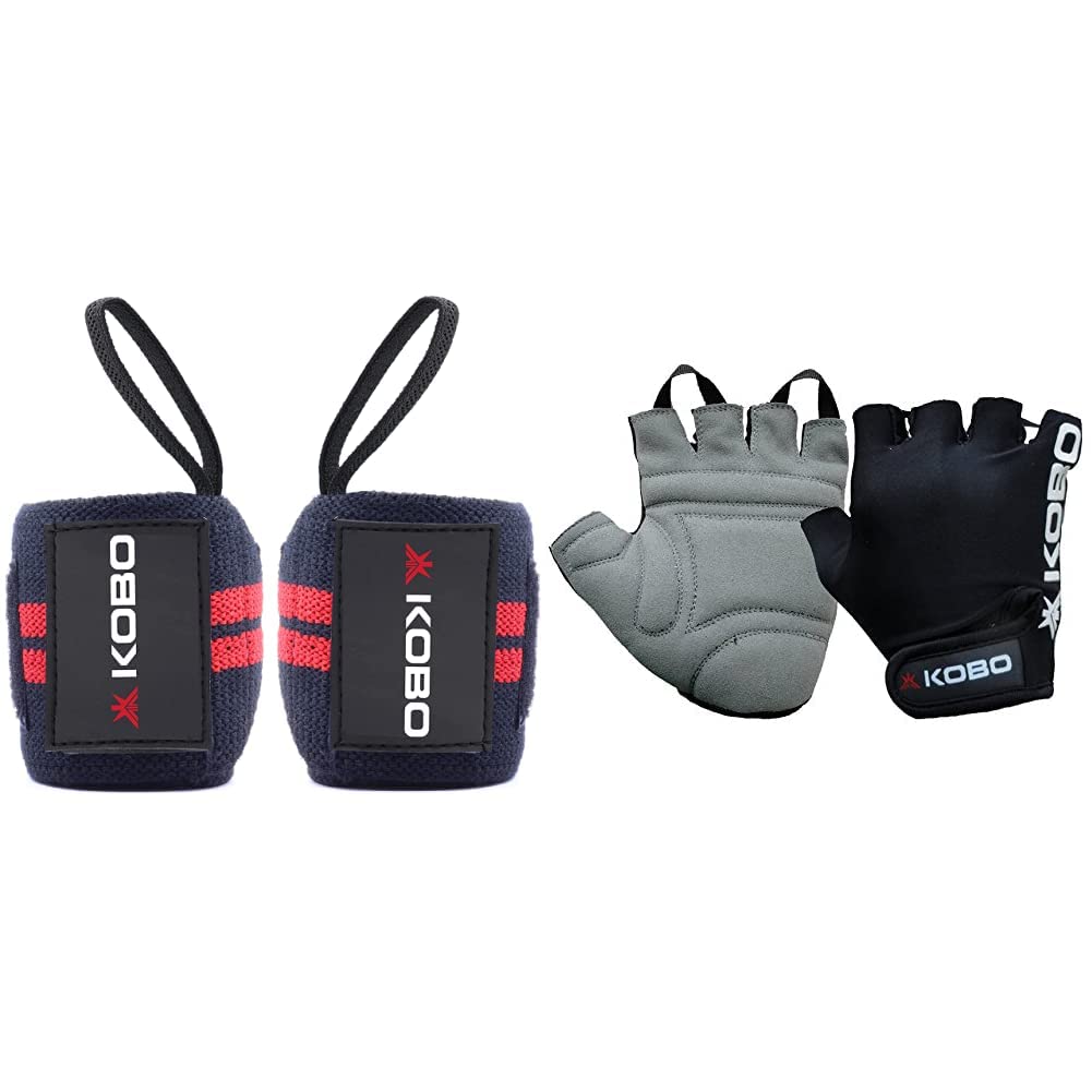 Kobo Power Wrist Weight Lifting Training Gym Straps with Thumb Support Grip Gloves (Black: Red) & Kobo WTG-05 Leather Gym Gloves, Medium (Black) Combo-picture-14