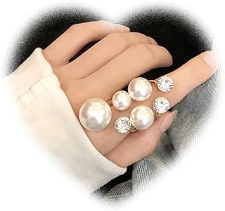 Vintage Pearl Ring for Women Girls Adjustable Open Pearl Finger Ring Gold Knuckle Stackable Joint Finger Rings Trendy Personality Pearl Stacking Promise Ring Jewelry Gift