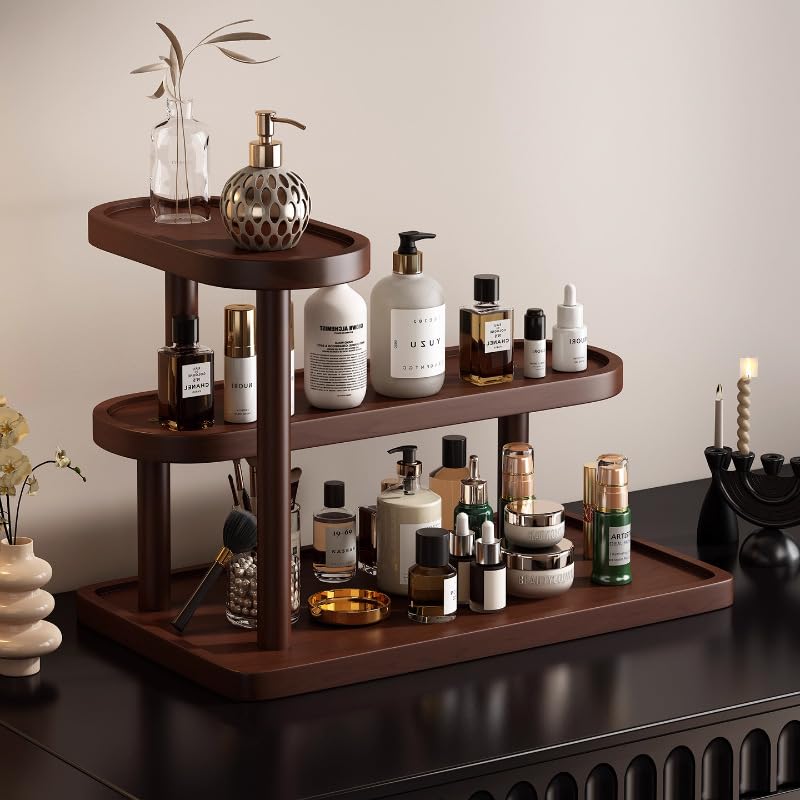 Image of Wooden Bathroom Counter Organizer,Vanity Makeup Organizer and Storage for Skincare,Perfume Lipsticks,Nail Polishes,Ideal Storage Solution for Spices,Handmade Toys,Office Supplies (Staggered 3-layer)