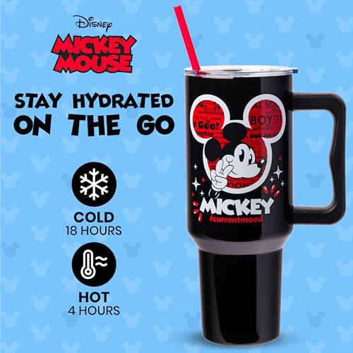 Image of Silver Buffalo Disney Classic Mickey Mouse Hashtag Current Mood inch#currentmood inch Double Walled Stainless Steel Tumbler with Handle and Straw, Fits in Standard Cup Holder, 40 Ounces