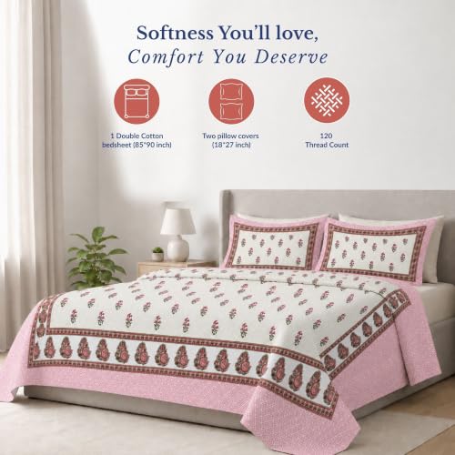 Image of Jaipur Weaves Jaipuri Double Bed Cotton Bedsheet Queen Size 90x85, 120 TC 100% Pure Cotton Bed Sheet with 2 Pillow Covers, Floral Traditional Print (Red Motifs, Double)
