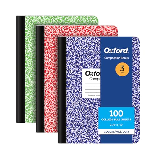 Oxford Composition Notebooks, 3 Pack, Cover Colors Vary, College Ruled Paper, 9-3/4 x 7-1/2 Inch School Journals, Assorted Marble Covers, 100 Sheets per Book (1002518)