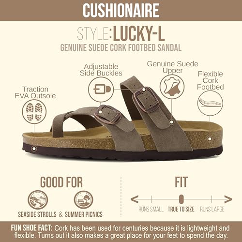Image of CUSHIONAIRE Lucky 100% Genuine Leather Suede Womens Sandals, Comfortable Cork Footbed Slides for Women with Adjustable Buckles