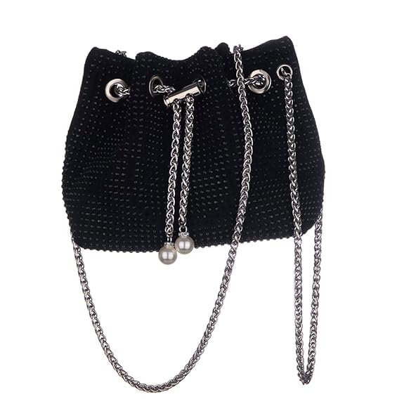 Classy Bag Small Purse Rhinestones Bucket Purse Pearl Handbag Evening Bag Wedding Party Prom Crossbody Bag for Women and Girls, Black-image-9