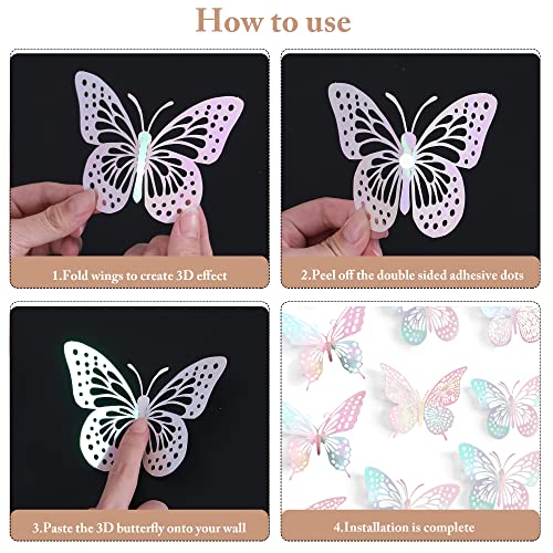 Saoropeb 3D Butterfly Wall Decor 48 Pcs 4 Styles 3 Sizes-Butterfly Birthday Decorations&Butterfly Party Decorations&Butterfly Cake Decorations-Removable Pink Butterfly Decorations (Laser Pink) #TOP6