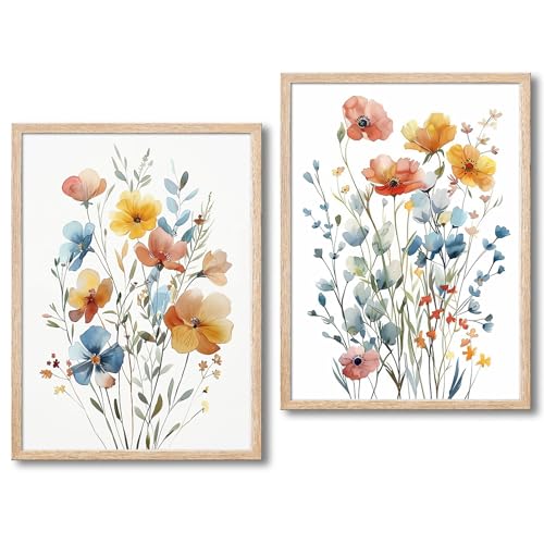 Image of Framed Colorful Flowers Canvas Wall Art for Bathroom Decor, Blue Floral Print, Yellow Orange Flowers Artwork Pictures Poster for Bedroom Living Room Office Decoration 12 inchx16 inchx2 Panels