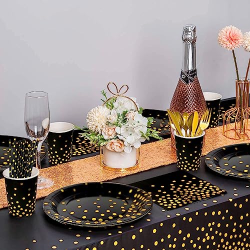 Black Gold Party Tableware,Serves 24 Black and Gold Dot Paper Party Tableware Set - Paper Plates and Cups Napkins Tablecloth etc - Image 3