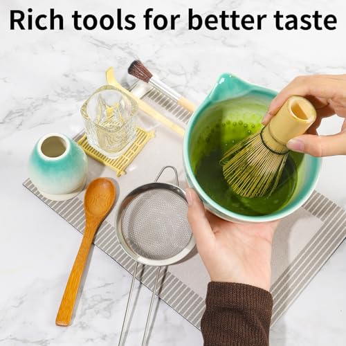 12 Pcs Matcha Whisk Set - Matcha Set Includes Ceramics Matcha Bowl and Cup, Matcha Kit for Ceremony Making Tools, Gift for Family/Friend (Gradient white-green) — view 5
