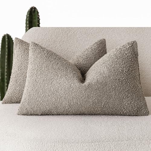 Image of Foindtower Pack of 2 Textured Boucle Throw Pillow Covers Accent Solid Decorative Lumbar Pillow Cases Cozy Couch Cushion Case for Chair Sofa Bedroom Living Room Home Decor 12x20 Inch Light Taupe