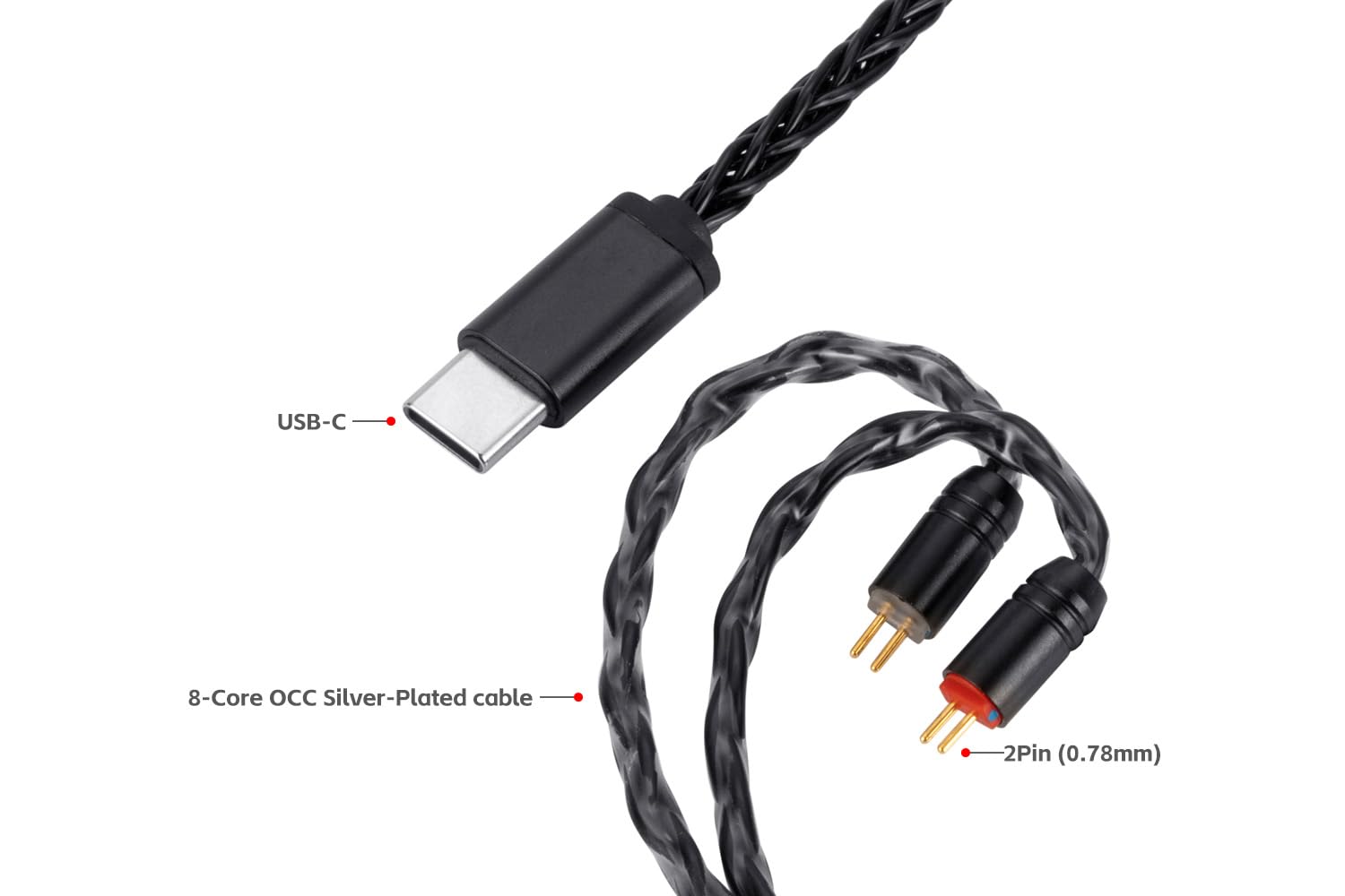 Alphatec Câble d'écouteur IEM USB-C vers double 2 broches (0,78 mm) IEM, 8 conducteurs OCC plaqué argent, câble d'écouteurs HiFi ultra flexible pour écouteurs intra-auriculaires (1,3 m, noir)