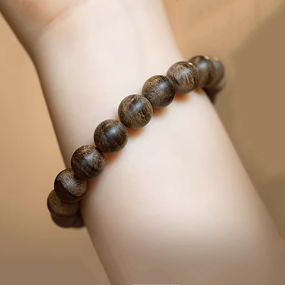 Pulsera de Cuentas de Madera de agar Qi Nan Natural, Pulsera de Cuentas de Madera Pulida a Mano de una Sola hebra para Hombres y Mujeres,10 mm × 19 Beads