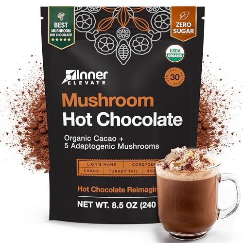 Inner Elevate Mushroom Hot Chocolate Superfood - Ceremonial Cacao with 5 Mushrooms (Lion's Mane, Cordyceps, Chaga, Reishi, Turkey Tail) - Great as a Coffee Alternative, Hot Chocolate, or Smoothie (30 Servings)