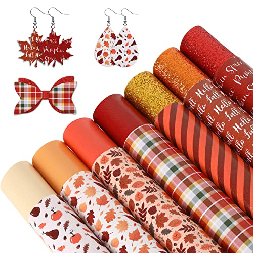 14ピース 感謝祭 フェイクレザーシート メープルリーフ チェック柄 ストライプ プリント 合成皮革生地 グリッター オレンジ レッド ゴールド レザー 秋 秋 収穫 DIY クラフト 装飾 6.3 x 8.3インチ