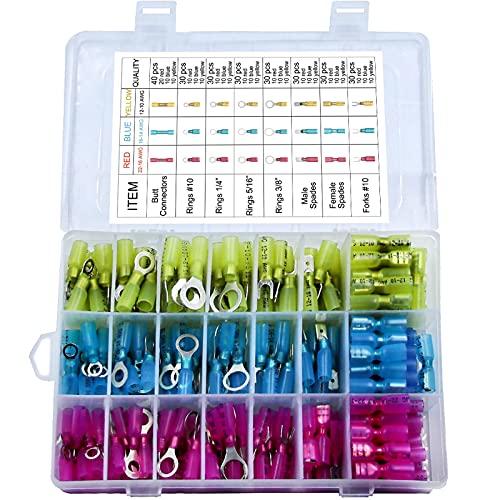 MuHize Heat Shrink Wire Connector - 250 PCS Electrical Terminals Kit(2022 New), Insulated Waterproof Marine Automotive Crimp Connectors, Ring Spade Fork Butt Splices