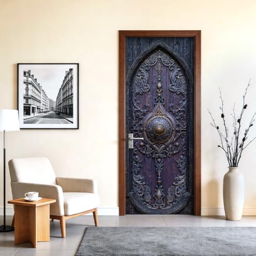 Image of Gothic Cathedral Purple Wood Iron Scroll Door Mural 30.31x78.74in