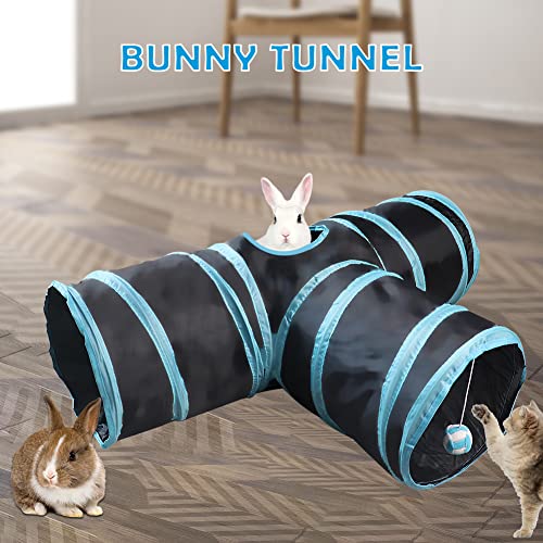 NANEEZOO Bunny Tunnel 3-Wege-Falttunnel für Kaninchenversteck, Kleintier-Aktivitätsrohr, Spielzeug für Zwergkaninchen, Meerschweinchen, Chinchilla, Frettchen und Kätzchen (Blau)