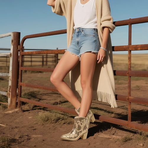 JABASIC Women Western Cowboy Ankle Boots Low Cowgirl Boots with Zipper Short Pointed Toe Booties2