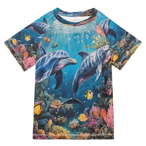 Boys Sun Shirts UV Protection Short Sleeve Rash Guard Swim Shirt Dolphin Water Shirt Rashguard 11-12T,0111