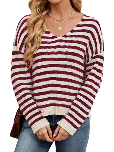 V Neck Sweaters for Women Striped Oversized Pullover Sweaters Drop-Shoulder Side Slit Loose Knit Jumper Tops