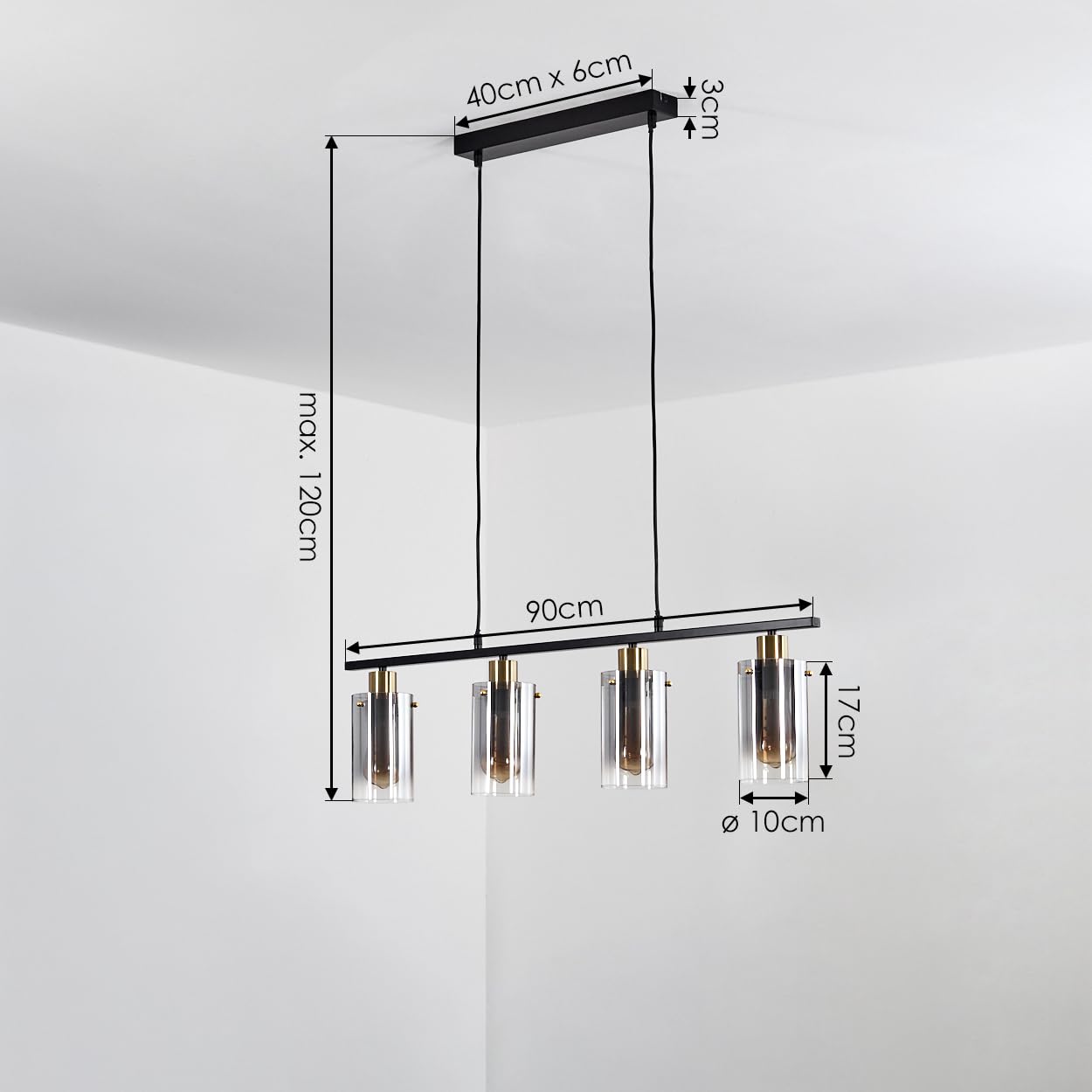 Pendelleuchte Hunouri, Hängelampe aus Metall/Glas in Schwarz/Messingfarben/Rauchfarben, Hängeleuchte im Retro/Vintage-Design mit Glasschirmen (Ø 10 cm), Höhe max. 120 cm, 4 x E27, ohne Leuchtmittel