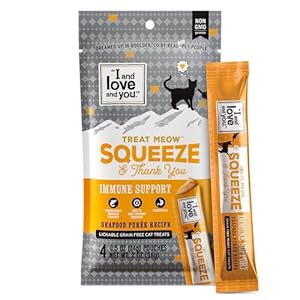 “I and love and you” Treat Meow Immune Support, Lickable Cat Treat, Seafood Recipe 4 Count (Pack of 1)