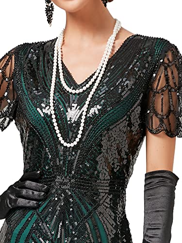 Image of Women Evening Maxi Long Dress 1920s Sequin Mermaid Hem Wedding Prom Gown Costume w / 20s Gatsby Accessories Set