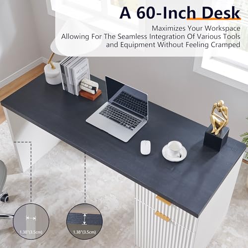 Image of 60 inch Fluted Home Office Desk, Reversible Left‑Right Cabinet, Built‑in Outlet | Reversible design lets you fix the cabinet on left‑hand or right‑hand side to fit your room layout