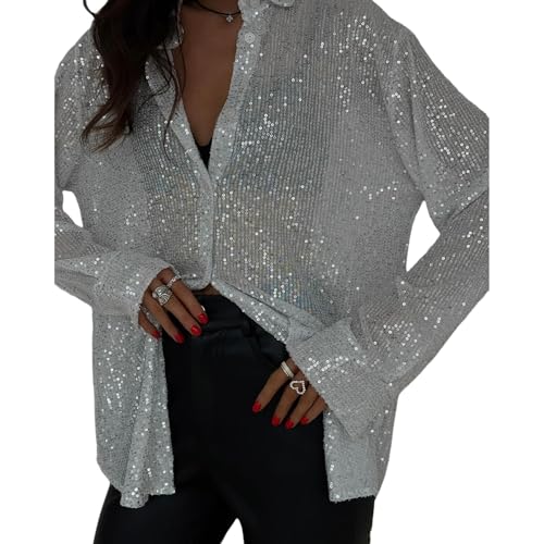 AMPOSSTO Womens Sequins Long Sleeve Collared Shirt Button Down Open Front Shirt Loose Blouses Shirst Tops2