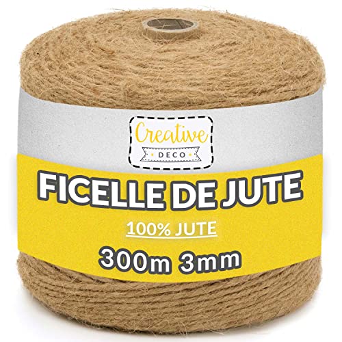 Creative Deco 300m Ficelle Jute | Épaisseur 3mm | Ficelle Jardinage | Deco Mariage Champetre | Ficelle Bricolage | Attache Tomate | Corde Jute | Cordelette | Ficelle Naturelle | Ficelle Ballon