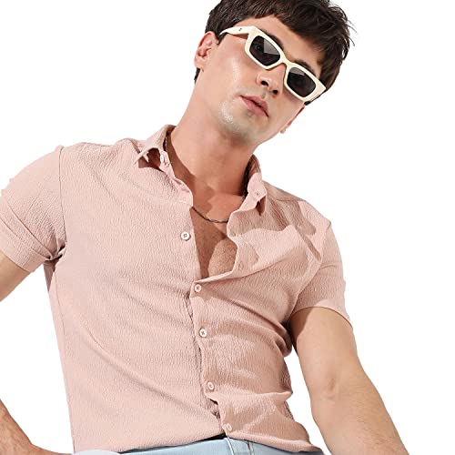 Image of CAHOOT Men's Button Up Shirt for Casual Wear | Regular Fit | Poly Lycra Shirt Crafted with Short Sleeve & Enhanced Stretch Comfort Fit for Everyday Wear