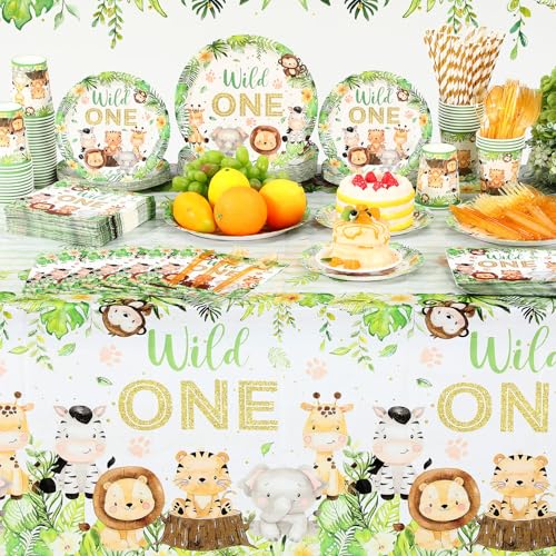 Image of Funnymoom 452 Pcs Wild One Birthday Party Decorations for 50, Safari Jungle Wild One Paper Plates Napkins Cups Tablecloth Cutlery Straws for Boys Kids Woodland Themed First Birthday Party Supplies