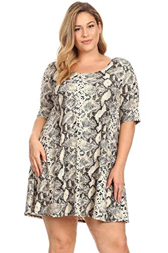 Sweetkie Elbow Sleeve Trapeze Dress, Hits Mid Thigh With Three Quarter Sleeves, Perfect For Day Or Night, Plus Sized Women, Brushed Knit, Snake, 2X #TOP2