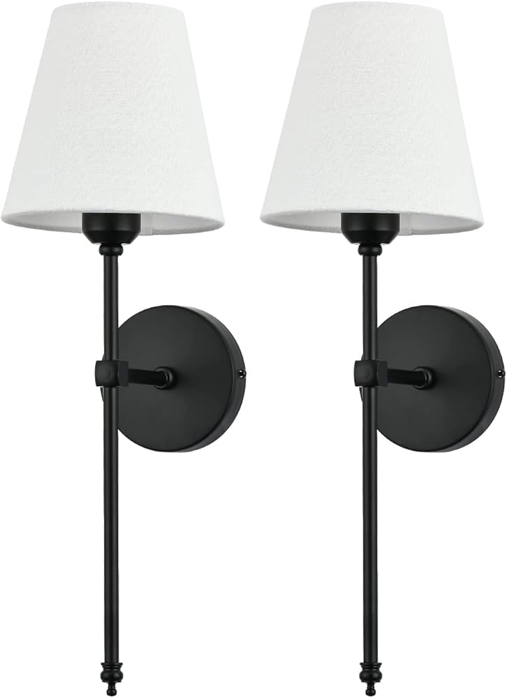 Bsmathom Wall Sconces Sets of 2, Rustic Industrial Wall Lamps, Hardwired Column Stand Sconces Wall Lighting, Bathroom Vanity Light Fixture with Fabric Shade for Bedroom Living Room Kitchen, Black