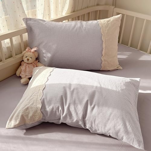 Image of VM VOUGEMARKET Lilac Gingham Duvet Cover Queen Plaid Checkered Comforter Cover with Zipper 3Pcs Soft Breathable Washed Microfiber White Lace Bedding Set for Girls
