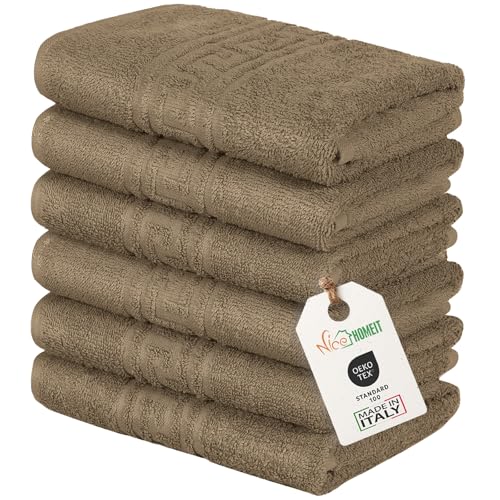 nice homeit Set 6 Asciugamani viso e mani 40x60 cm –Asciugamani bagno in 100% Cotone Filato ad Anello – Extra Morbido e Assorbente. MADE IN ITALY (Marrone)