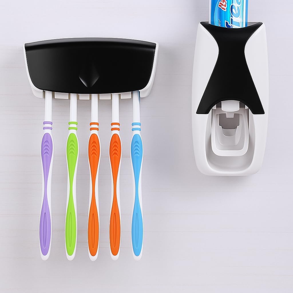 Hands Free Wall Mounted Plastic Dust Proof Automatic Toothpaste Dispenser and Detachable Hole 5 Toothbrush Holder, White