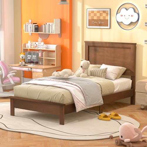 Image of GIANTEX Wood Twin Bed Frames with Headboard, Mid Century Platform Bed Frame with Solid Wood Legs & Wooden Slat Support, Twin Bed Frames for Kids Adults, Walnut Bed