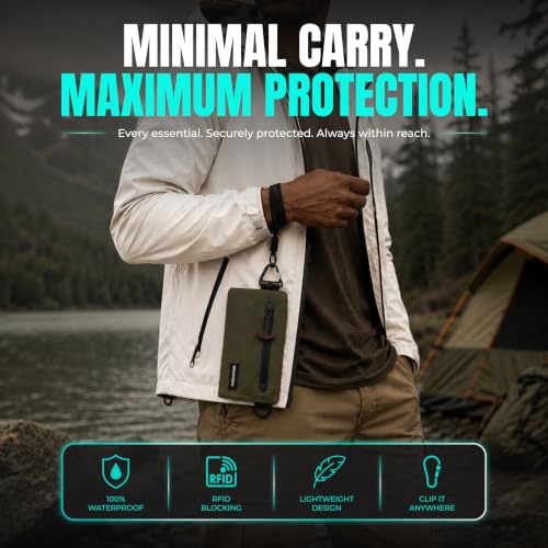 Image of Drench RFID Waterproof Floating Wallet IPX8 Dry Bag for Cards & Cash, Green | IPX8 waterproof RFID wallet for cards, cash & keys with floating design, adjustable lanyard, belt loop & carabiner