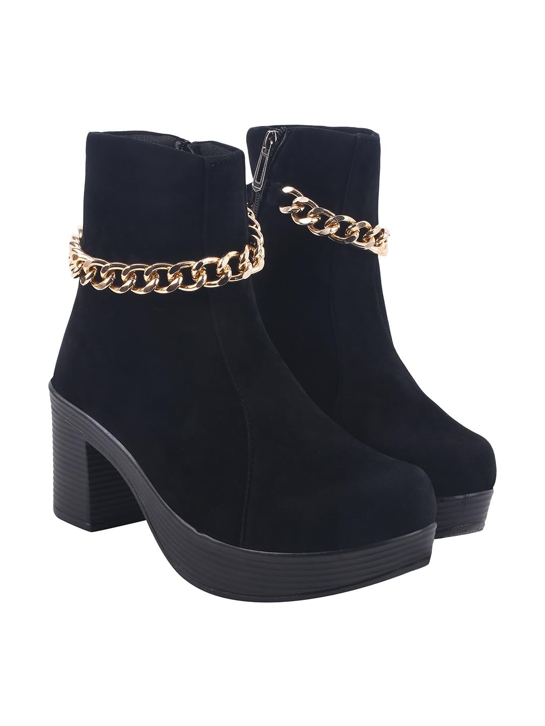 Women’s Stylish Block Heel Ankle Boots with Golden Chain | Trendy Finish Zip Closure Boots for Party & Casual Footwear-image-34