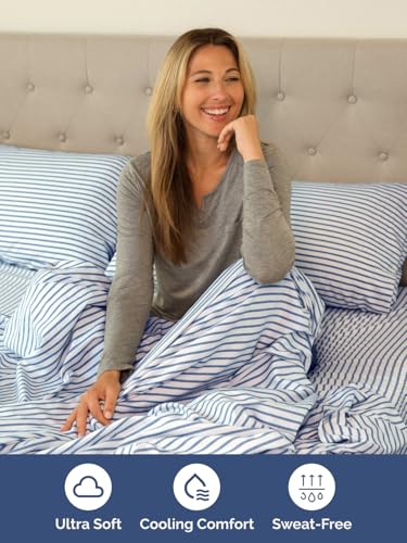 Image of Extra Deep Full Sheet Set - 6 Piece Breathable & Cooling - Blue Stripes | Hotel Luxury Bed Sheets Set, Easy & Secure Fit, Ultra-Soft, Wrinkle & Fade Free, Comfy Sheets Set with Extra Deep Pockets