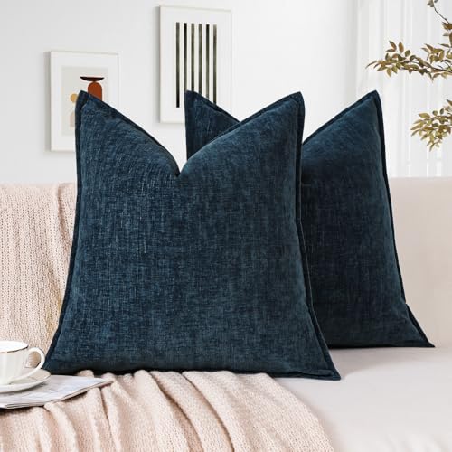 Sungeek Set of 2 Soft Chenille Cushion Covers 40x40cm Square Decorative Throw Pillow Covers with Stitched Edge Solid Dyed Pillow Cases Covers for Home Decor Couch Sofa Bed Living Room Navy Blue - Image 4
