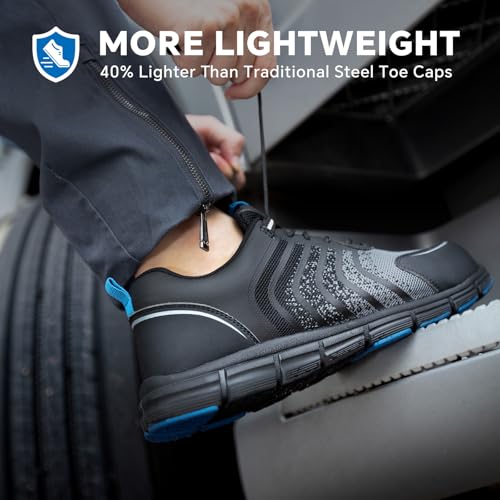 SPIEZ Safety Shoes for Men, Extra Lightweight Breathable Composite Toe Work Sneakers Black Blue US 7.5-122