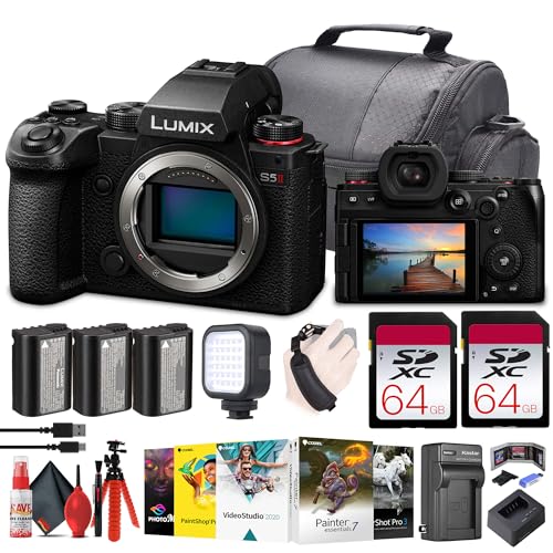Panasonic Lumix S5 II Hybrid Full-Frame Mirrorless Camera Body, Content Creator Bundle + 2×64GB Memory Cards + Extra Batteries + LED Light + More