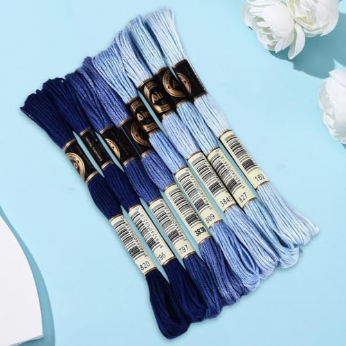 Image of 70 Yards 8 Skeins Gradient 6 Strands Blue Embroidery Thread Variegated Friendship Bracelet Floss Cross Stitch String Polyester Threads Bulk Set for Hand Sewing Making Needlecraft DIY Supply