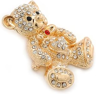 Amazon.com: Gold Plated Crystal Teddy Bear With Bow&Heart Brooch