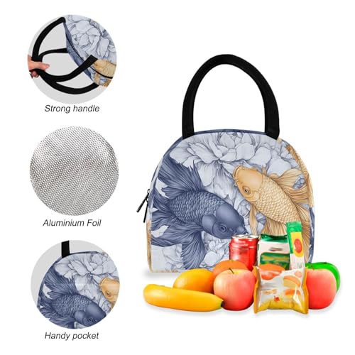 Backpack Lunch Box Set Large Capacity Travel Backpacks and Insulated Lunch Bag for Commute Hiking Picnic Blue Gold Fish Print4