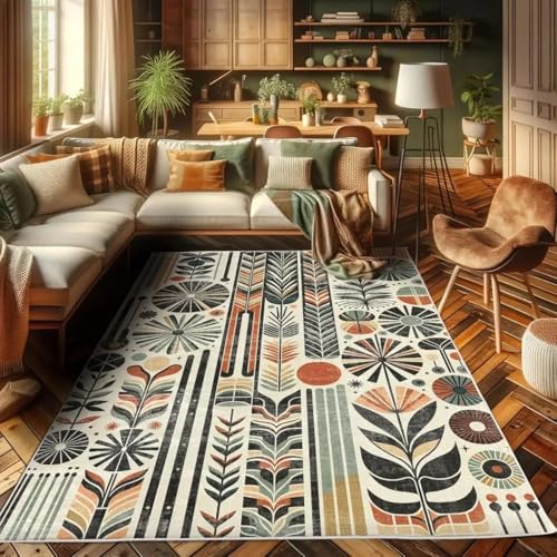 Bohemian Rug for Living Room Retro Mid Century Inspired Abstract Patterns Vintage Tribal Area Rugs with Non-Slip Bottom Super Soft Rug for Bedroom Machine Washable Rug Ivory 120*180cm(47×71in)